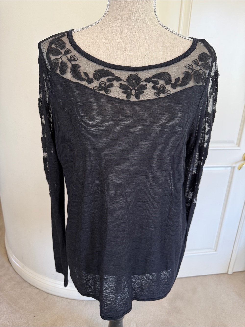 Free People Black Sheer Embroidered Yoke Long Sleeve Top